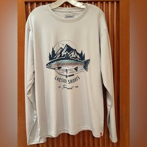 NWT Coleman Men’s UPF 50 Light Gray Long Sleeve Shirt with Fish Graphic XL